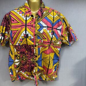 Super Massive Shirt Mens L Short Sleeve Button Up Geometric Print Yellow Cotton